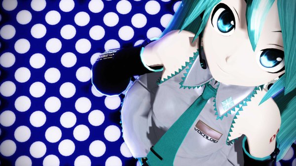 イラスト 2560x1440 と ボーカロイド 初音ミク meeji (artist) カメラ目線 highres 青い目 wide image 肩出し very long hair from above aqua hair 刺青 polka dot polka dot background 3d mikumikudance 女の子 袖だけ ネクタイ ヘッドフォン