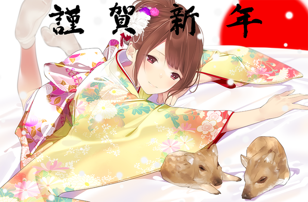 Anime picture 1100x721 with original ama mitsuki single blush fringe short hair brown hair lying traditional clothes head tilt japanese clothes light smile hieroglyph on stomach leg lift (legs lift) new year zodiac chinese zodiac pig (chinese zodiac) girl