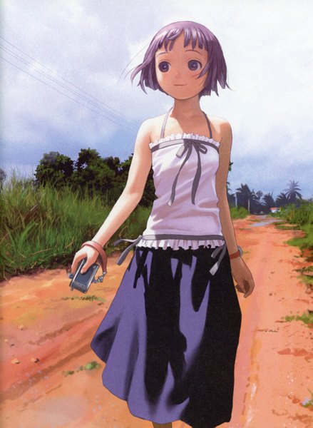 Anime picture 5092x6966 with futurelog (artbook) range murata single tall image fringe highres short hair smile purple eyes looking away absurdres purple hair cloud (clouds) scan sleeveless casual girl skirt plant (plants) grass