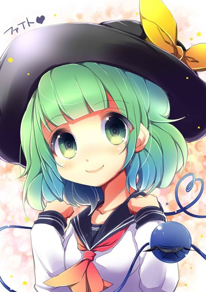 Anime picture 1018x1440 with touhou komeiji koishi uta (kuroneko) single tall image looking at viewer blush fringe short hair smile green eyes green hair alternate costume girl uniform hat serafuku eyeball