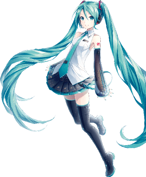 Anime picture 1100x1340 with vocaloid hatsune miku hatsune miku (vocaloid3) ixima single tall image twintails bare shoulders very long hair aqua eyes aqua hair transparent background girl skirt detached sleeves necktie headphones thigh boots