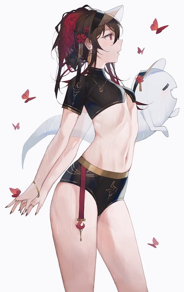 Anime picture 1261x2000 with genshin impact hu tao (genshin impact) boo tao (genshin impact) qiandaiyiyu single tall image blush fringe short hair breasts open mouth light erotic simple background hair between eyes red eyes brown hair standing white background nail polish hair flower