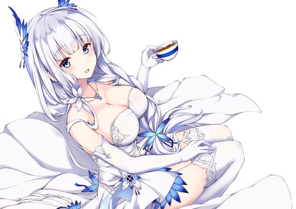Anime picture 2168x1536 with azur lane illustrious (azur lane) illustrious (illustrious ballroom) (azur lane) mamizu single long hair looking at viewer blush fringe highres breasts open mouth blue eyes light erotic simple background large breasts white background sitting bare shoulders holding