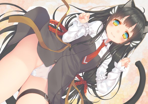 Anime picture 1421x1000 with original kazuzu single long hair looking at viewer blush fringe blue eyes light erotic black hair smile animal ears yellow eyes upper body ahoge tail long sleeves animal tail cat ears cat girl