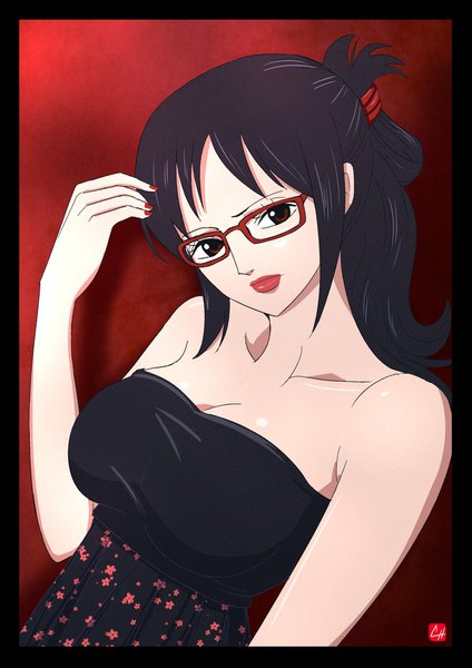 Anime picture 1448x2048 with one piece toei animation tashigi chris re5 single long hair tall image looking at viewer fringe breasts black hair simple background bare shoulders brown eyes signed cleavage upper body nail polish fingernails lips