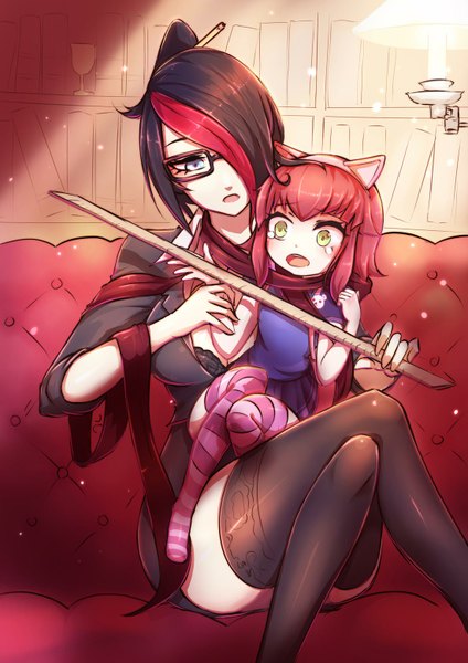 Anime picture 1100x1556 with league of legends annie (league of legends) fiora (league of legends) beanbean1988 tall image blush fringe short hair open mouth blue eyes light erotic black hair multiple girls green eyes animal ears red hair multicolored hair hair over one eye two-tone hair streaked hair