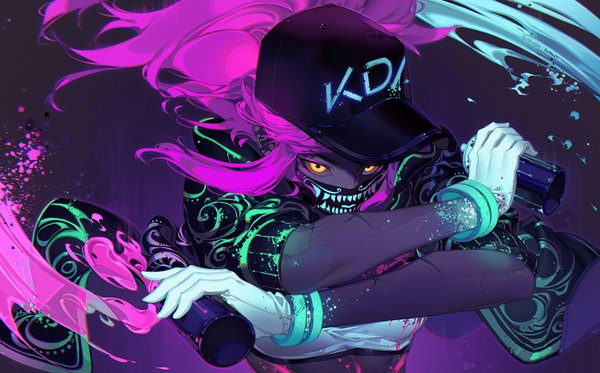 Anime picture 1024x637 with league of legends k/da (league of legends) akali (league of legends) k/da akali kawacy single long hair looking at viewer simple background wide image holding yellow eyes payot purple hair upper body open jacket copyright name crossed arms purple background ultraviolet light