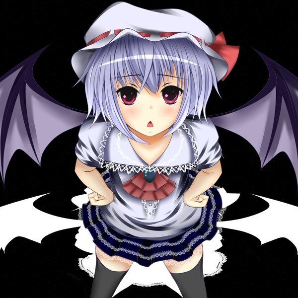 Anime picture 4000x4000 with touhou remilia scarlet highres short hair absurdres pink eyes grey hair bat wings girl thighhighs dress black thighhighs wings bonnet