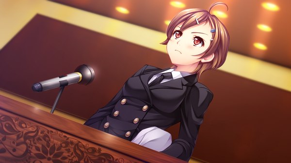 Anime picture 1280x720 with sousei kitan aerial kashiwagi risa short hair red eyes brown hair wide image game cg girl microphone