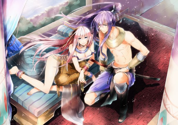 Anime picture 1400x988 with vocaloid megurine luka kamui gakupo irono yoita (artist) long hair blush fringe breasts blue eyes light erotic smile pink hair purple hair ponytail barefoot bare legs alternate costume couple muscle egyptian clothes