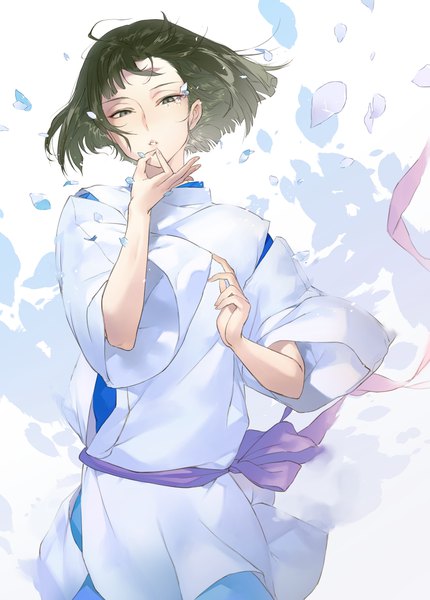 Anime picture 1408x1965 with spirited away studio ghibli haku (spirited away) tonito single tall image short hair brown hair white background brown eyes upper body traditional clothes japanese clothes wind hand to mouth boy petals