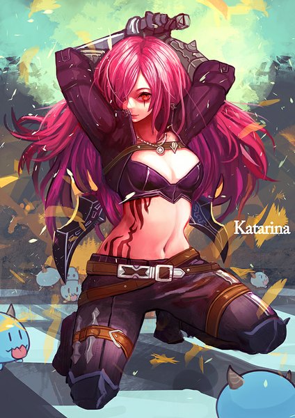 Anime picture 707x1000 with league of legends katarina (league of legends) poro (league of legends) canking single long hair tall image looking at viewer fringe breasts light erotic red eyes red hair hair over one eye bare belly midriff tattoo scar girl navel