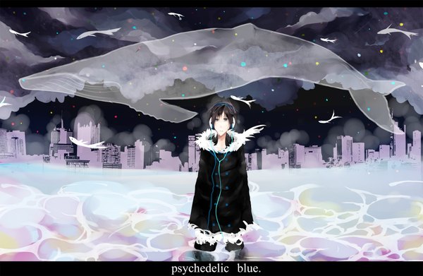 Anime picture 1978x1290 with durarara!! brains base (studio) psychedelic dreams orihara izaya tagme (artist) highres black hair night city boy water headphones star (stars) fish (fishes) wire (wires) whale