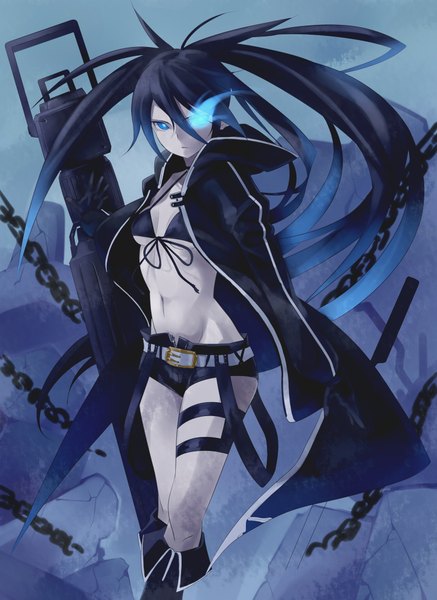 Anime picture 1506x2068 with black rock shooter black rock shooter (character) nana g single long hair tall image blue eyes black hair twintails glowing glowing eye (eyes) girl weapon shorts bikini top