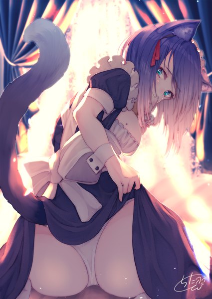 Anime picture 1417x2000 with original chita (ketchup) single long hair tall image looking at viewer blush breasts light erotic large breasts signed animal ears purple hair ass tail animal tail looking back aqua eyes cat ears mole