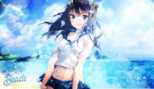 Anime picture 1024x591 with original anmi single long hair looking at viewer blush highres open mouth blue eyes light erotic black hair wide image sky cloud (clouds) hair flower sparkle wallpaper beach happy summer