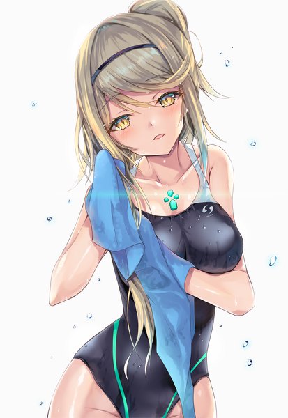 Anime picture 826x1200 with xenoblade xenoblade 2 mythra (xenoblade) inoue takuya (tactactak) single long hair tall image looking at viewer blush fringe breasts light erotic simple background blonde hair hair between eyes standing white background yellow eyes parted lips head tilt