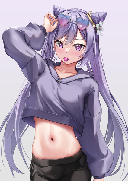 Anime picture 2480x3508 with genshin impact keqing (genshin impact) skai kun single long hair tall image looking at viewer blush fringe highres breasts simple background standing purple eyes twintails payot purple hair long sleeves nail polish arm up