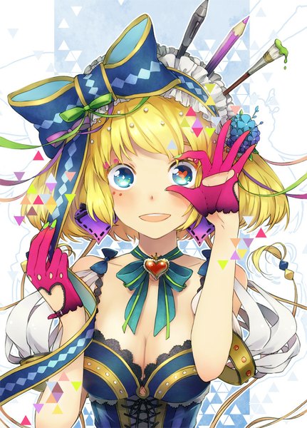 Anime picture 700x974 with original siting zeng single tall image looking at viewer blush fringe short hair open mouth blue eyes blonde hair bare shoulders cleavage nail polish symbol-shaped pupils girl dress gloves flower (flowers) bow