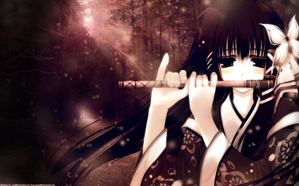 Anime picture 1920x1200 with nagomi highres black hair wide image japanese clothes black eyes girl tree (trees) kimono forest musical instrument flute
