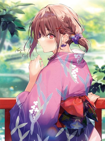 Anime picture 1421x1920 with original necomi (gussan) single tall image looking at viewer blush fringe short hair smile hair between eyes red eyes brown hair standing payot outdoors braid (braids) traditional clothes japanese clothes profile looking back