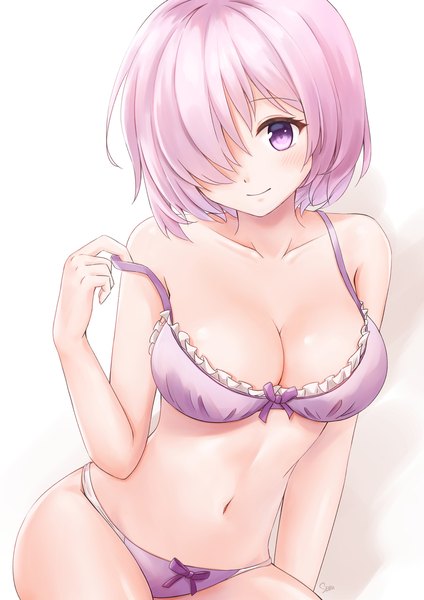 Anime picture 1273x1800 with fate (series) fate/grand order mash kyrielight sebu illust single tall image looking at viewer fringe short hair breasts light erotic simple background large breasts white background purple eyes pink hair hair over one eye girl underwear panties