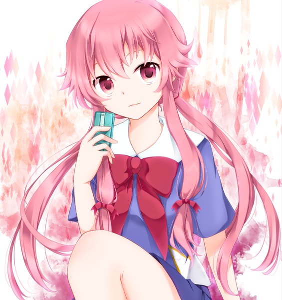 Anime picture 799x849 with mirai nikki gasai yuno goma (11zihisin) single long hair tall image looking at viewer fringe hair between eyes sitting twintails pink hair bent knee (knees) pink eyes low twintails rhombus girl uniform serafuku mobile phone