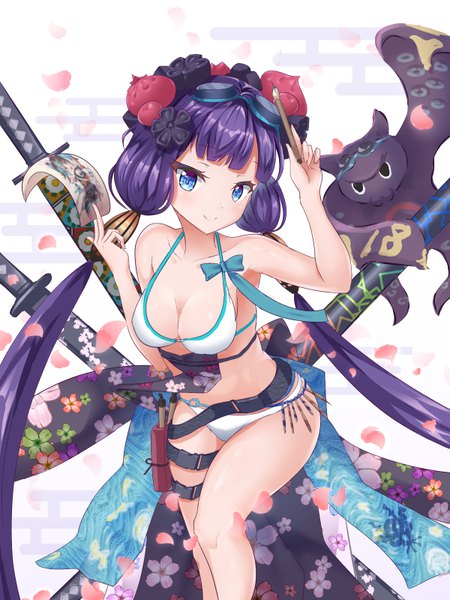Anime picture 600x800 with fate (series) fate/grand order katsushika hokusai (fate/grand order) tokitarou (fate/grand order) katsushika hokusai (swimsuit saber) (fate) ry mi single tall image looking at viewer blush fringe breasts blue eyes light erotic simple background smile large breasts white background twintails holding