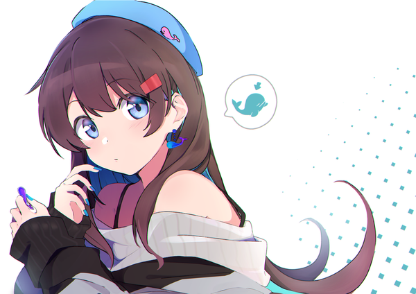 Anime picture 4093x2894 with original kazenoko single long hair looking at viewer blush fringe highres blue eyes simple background hair between eyes brown hair white background bare shoulders absurdres upper body nail polish multicolored hair fingernails off shoulder