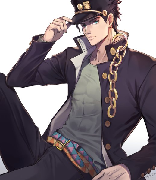 Anime picture 4235x4905 with jojo no kimyou na bouken kujo jotaro chuli 00 single tall image looking at viewer highres short hair black hair simple background white background sitting signed absurdres aqua eyes open clothes twitter username muscle adjusting hat abs