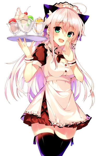 Anime picture 4671x6793 with original anceril sacred mishima kurone single long hair tall image looking at viewer blush highres open mouth green eyes animal ears absurdres ahoge white hair cat ears scan maid girl thighhighs