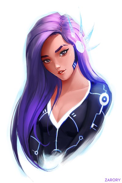 Anime picture 855x1282 with original zarory single long hair tall image breasts simple background purple eyes signed cleavage purple hair upper body parted lips head tilt realistic inscription portrait skin tight girl bodysuit
