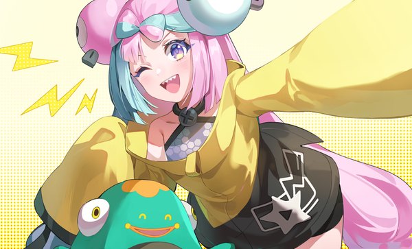 Anime picture 1662x1005 with pokemon pokemon (game) pokemon sv nintendo iono (pokemon) bellibolt hoshiko (419401x) single open mouth wide image purple eyes blue hair pink hair long sleeves very long hair one eye closed multicolored hair wink two-tone hair teeth