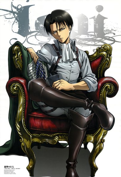 Anime picture 4085x6011 with shingeki no kyojin production i.g levi (rivaille) tomita megumi single tall image looking at viewer highres short hair black hair sitting absurdres black eyes inscription official art twisty sleeves frown boy shirt cape