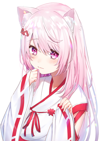 Anime picture 850x1200 with virtual youtuber nijisanji shiina yuika omelet tomato single long hair tall image looking at viewer blush fringe simple background hair between eyes white background animal ears pink hair ahoge upper body traditional clothes japanese clothes pink eyes