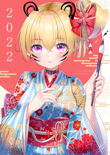 Anime picture 2976x4175 with original takemura kou single tall image looking at viewer fringe highres short hair blonde hair smile hair between eyes animal ears traditional clothes japanese clothes pink eyes piercing facial mark side ponytail floral print fake animal ears
