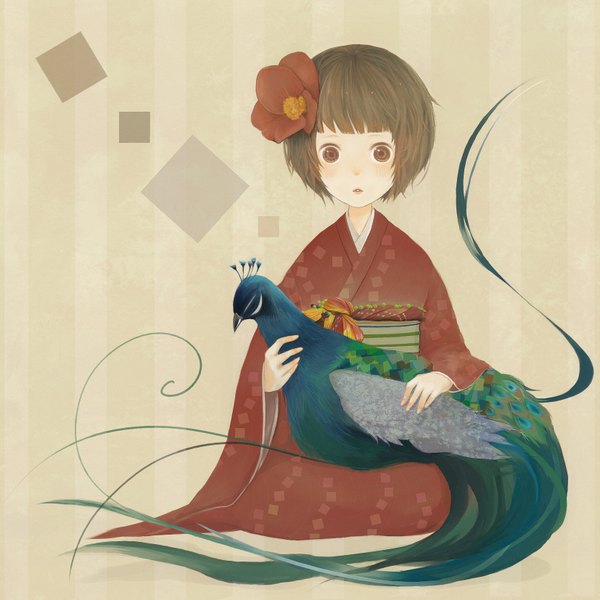 Anime picture 1654x1654 with original coba single looking at viewer blush fringe short hair open mouth brown hair sitting brown eyes traditional clothes japanese clothes hair flower teeth girl hair ornament flower (flowers) animal kimono
