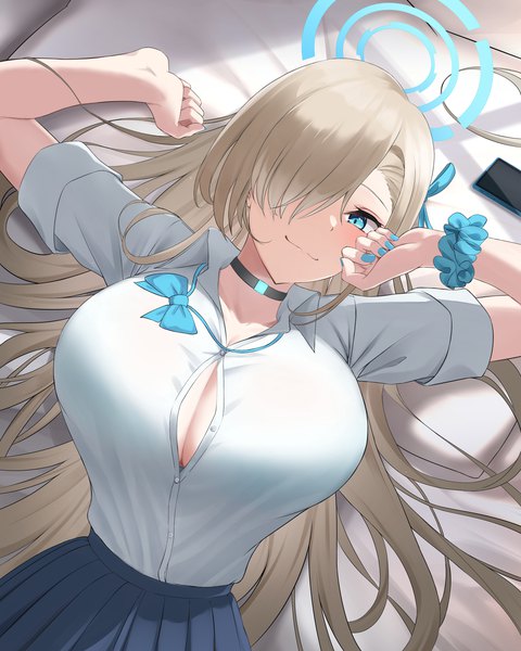 Anime picture 1536x1920 with blue archive asuna (blue archive) kai yuzuki single long hair tall image fringe breasts blue eyes light erotic blonde hair cleavage upper body lying nail polish pleated skirt hair over one eye short sleeves on back huge breasts