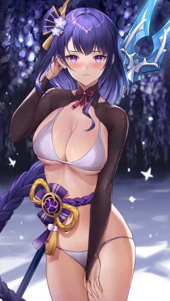 Anime picture 920x1626 with genshin impact raiden shogun lunacle single tall image looking at viewer blush fringe breasts light erotic large breasts standing purple eyes cleavage purple hair braid (braids) very long hair arm up hair flower blurry