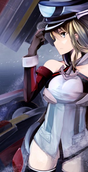 Anime picture 516x1000 with kantai collection bismarck battleship otogi kyouka single long hair tall image fringe blue eyes light erotic blonde hair looking away mechanical girl thighhighs gloves uniform black thighhighs detached sleeves black gloves military uniform