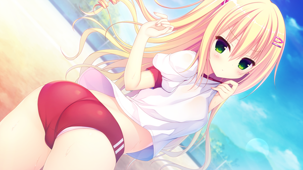 Anime-Bild 2560x1440 mit raspberry cube yuzuki yuu hasune single long hair looking at viewer blush fringe highres light erotic blonde hair hair between eyes wide image standing green eyes payot game cg sky cloud (clouds) ass