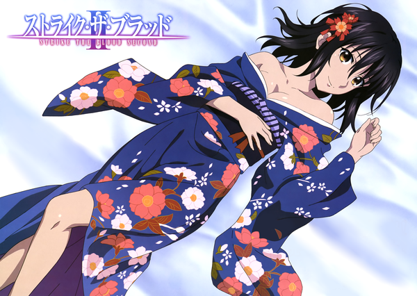 Anime picture 4988x3549 with strike the blood himeragi yukina hashimoto maki single fringe highres short hair light erotic black hair hair between eyes bare shoulders brown eyes absurdres bent knee (knees) lying traditional clothes japanese clothes hair flower scan inscription