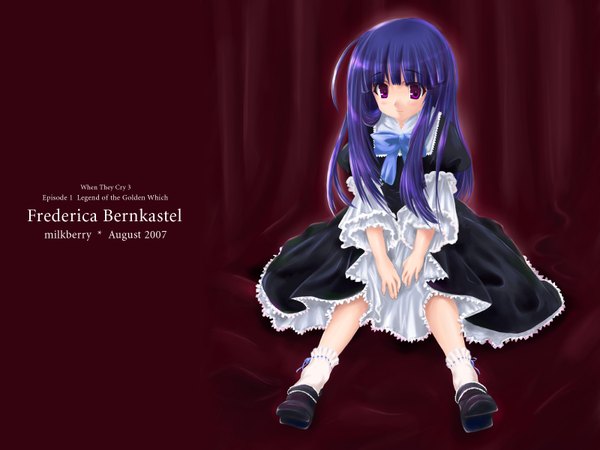 Anime picture 1600x1200 with umineko no naku koro ni frederica bernkastel single long hair sitting purple eyes purple hair maid girl