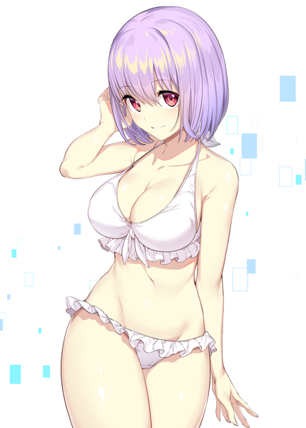 Anime picture 1430x2000 with gridman universe ssss.gridman studio trigger shinjou akane ikomochi single tall image looking at viewer blush fringe short hair breasts light erotic simple background hair between eyes red eyes large breasts standing white background pink hair