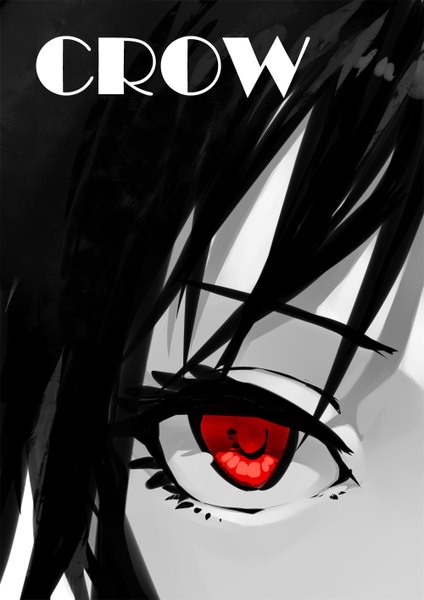 Anime picture 1000x1414 with original fkey single tall image looking at viewer fringe black hair red eyes inscription monochrome close-up girl