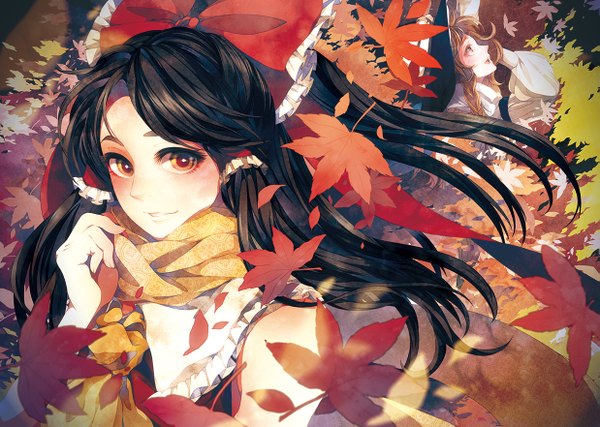 Anime picture 1237x882 with touhou hakurei reimu kirisame marisa pepepo (kyachi) long hair looking at viewer black hair blonde hair multiple girls brown eyes miko autumn girl bow 2 girls hair bow scarf leaf (leaves) witch hat