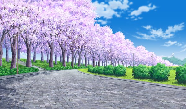 Anime picture 1024x600 with da capo iii wide image game cg sky cloud (clouds) cherry blossoms no people landscape plant (plants) tree (trees) road