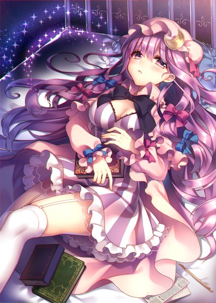 Anime-Bild 857x1200 mit touhou patchouli knowledge masaru.jp single long hair tall image blush breasts light erotic cleavage purple hair pink eyes thighhighs dress hair ornament white thighhighs headdress pillow book (books) bed
