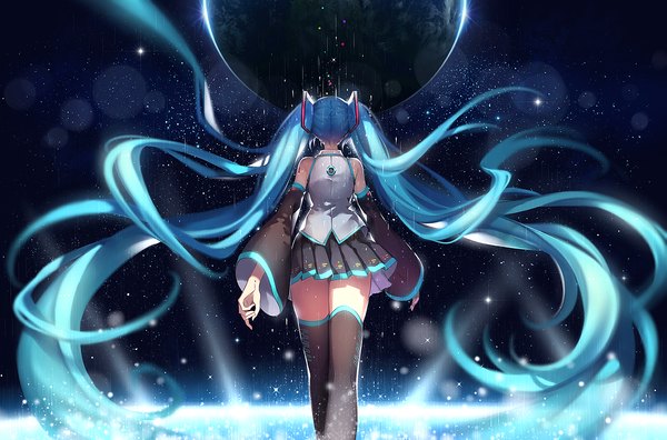 Anime picture 1515x1000 with vocaloid hatsune miku tidsean single twintails bare shoulders very long hair long sleeves pleated skirt from behind aqua hair wide sleeves zettai ryouiki lens flare back walking glow girl thighhighs skirt