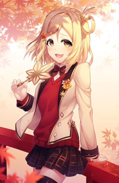 Anime picture 906x1386 with love live! sunshine!! love live! school idol festival sunrise (studio) love live! ohara mari kyouou ena single tall image looking at viewer blush fringe short hair open mouth blonde hair smile hair between eyes holding yellow eyes braid (braids) :d